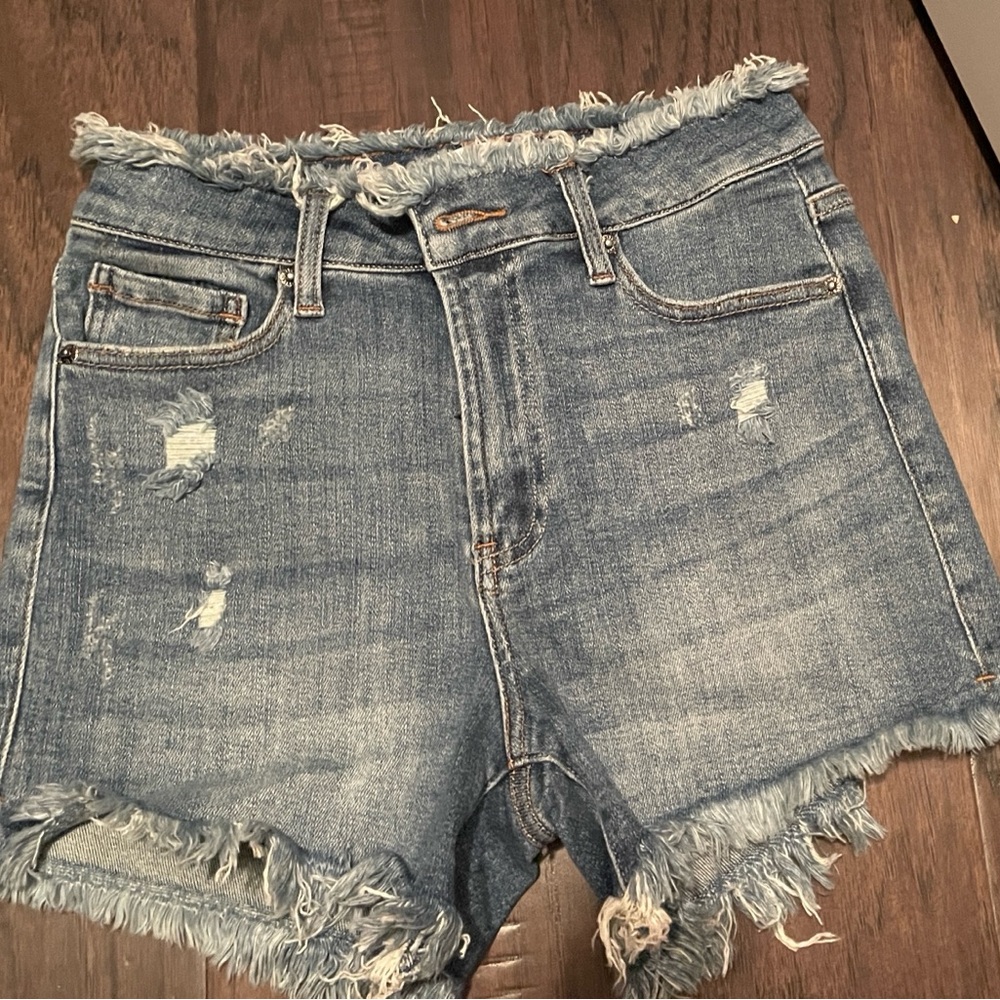 Frayed Hem High-Rise Blue Denim Jean Shorts